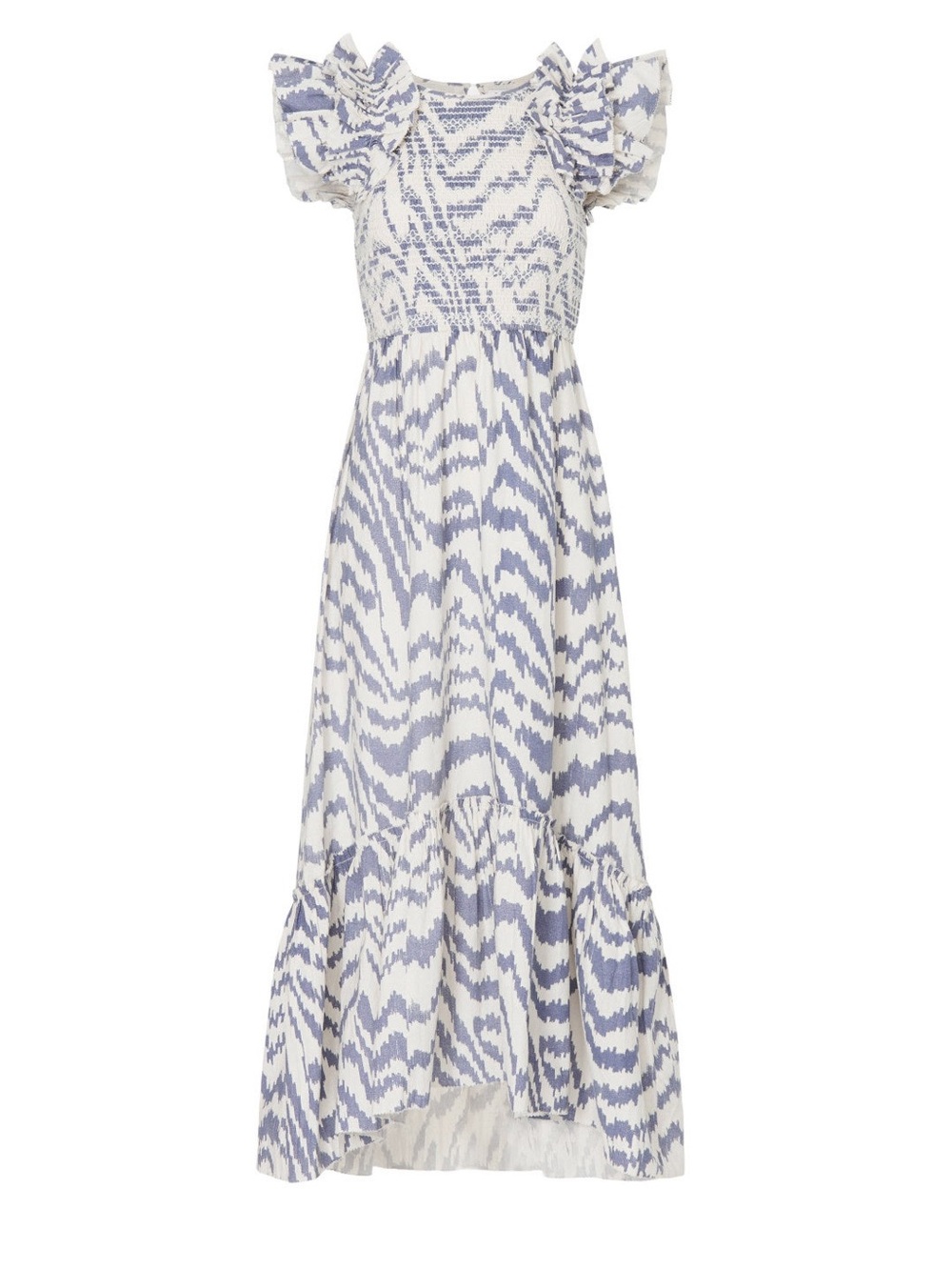 Saylor Pilar Blue & White Smocked Ruffle Maxi Dress small